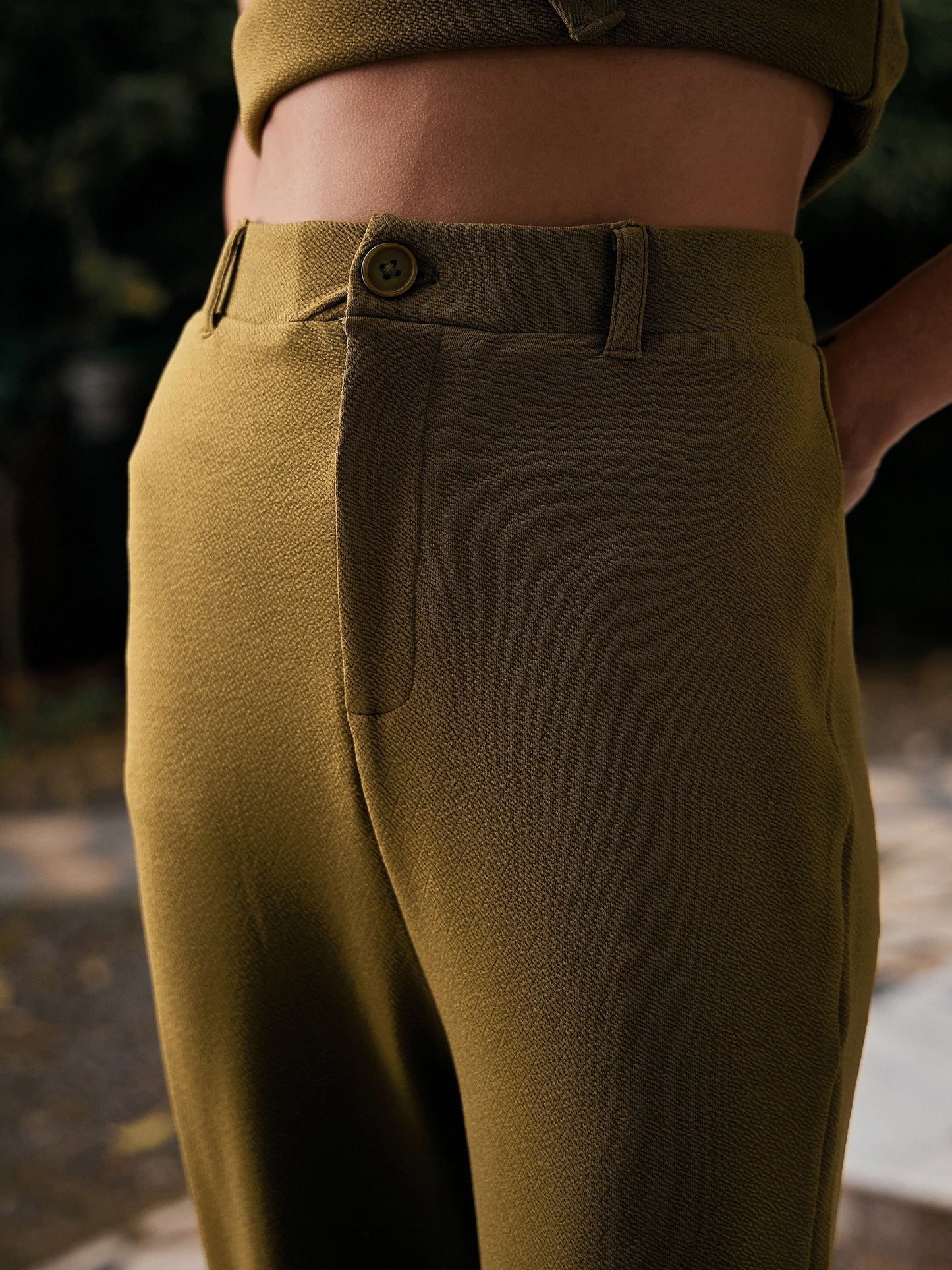 Women's Olive Tie-Knot Top With Kick Pleat Pants