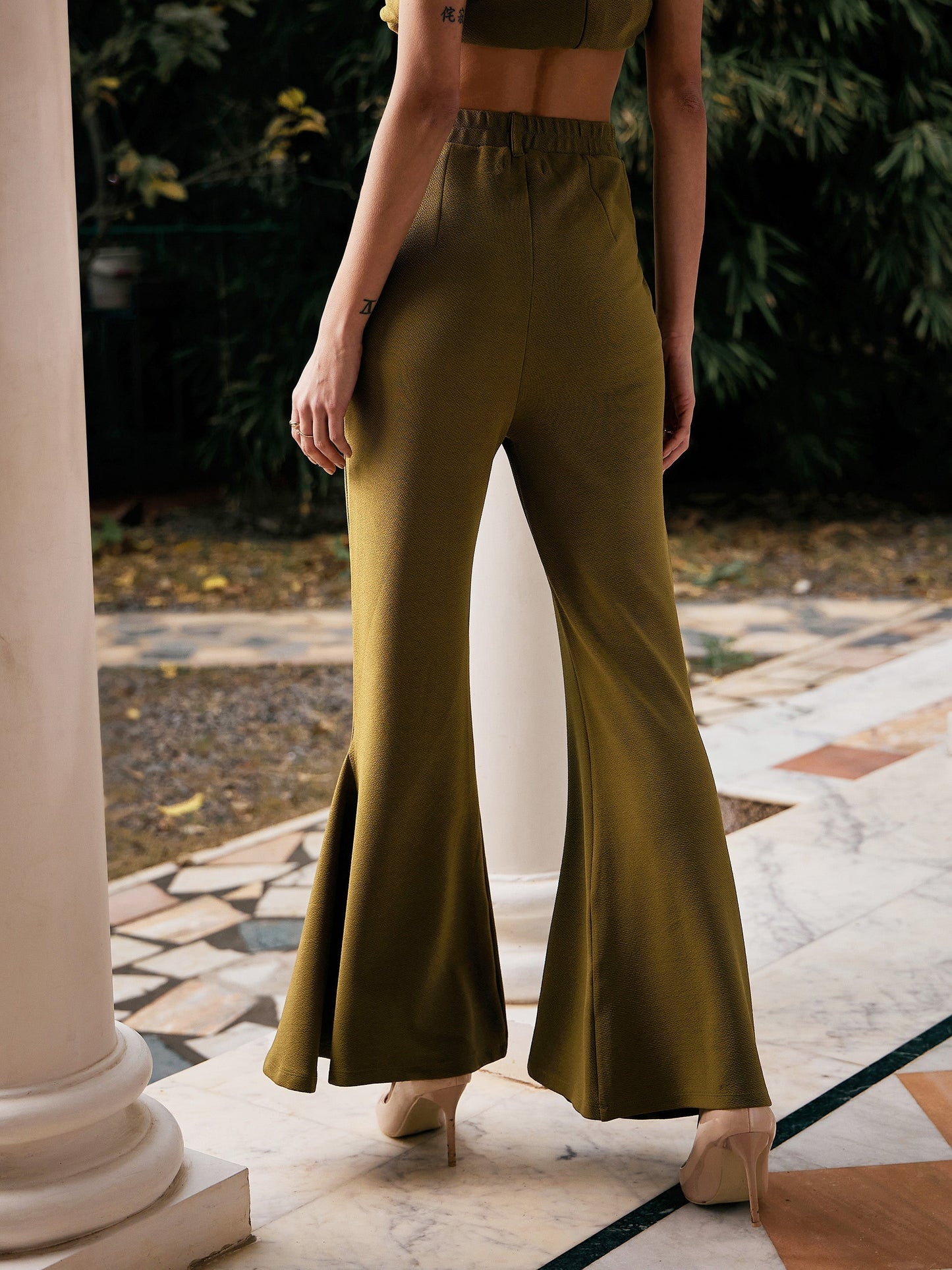 Women's Olive Tie-Knot Top With Kick Pleat Pants