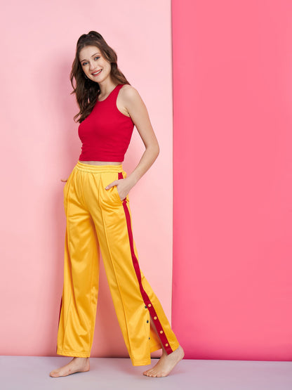 Women's Red Rib Crop Top With Yellow Side Button Track Pants