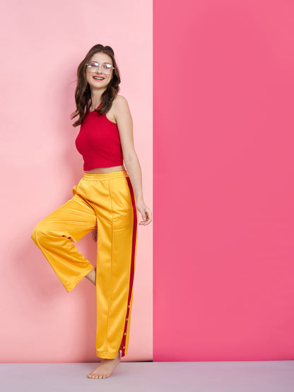 Women's Red Rib Crop Top With Yellow Side Button Track Pants
