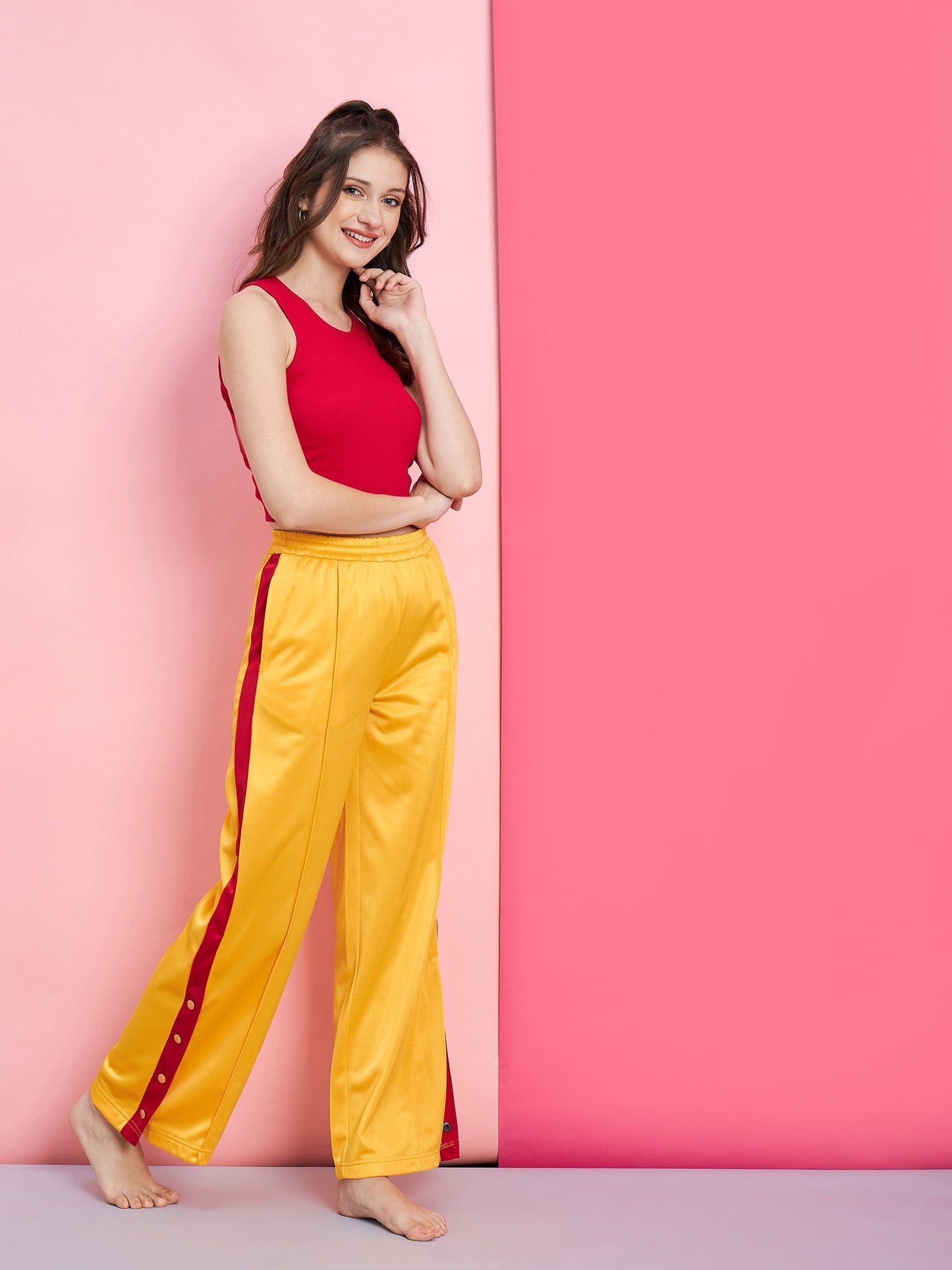 Women's Red Rib Crop Top With Yellow Side Button Track Pants