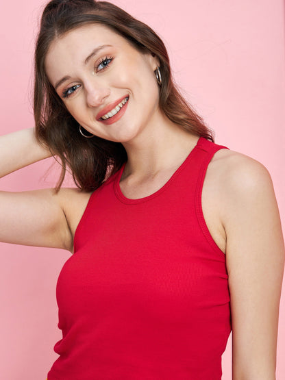 Women's Red Rib Crop Top With Yellow Side Button Track Pants