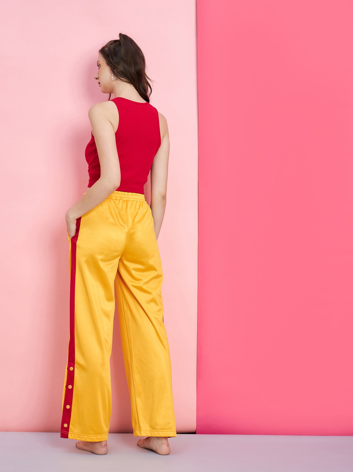 Women's Red Rib Crop Top With Yellow Side Button Track Pants