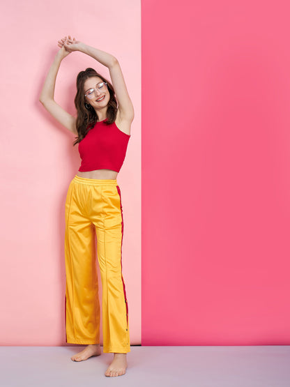 Women's Red Rib Crop Top With Yellow Side Button Track Pants