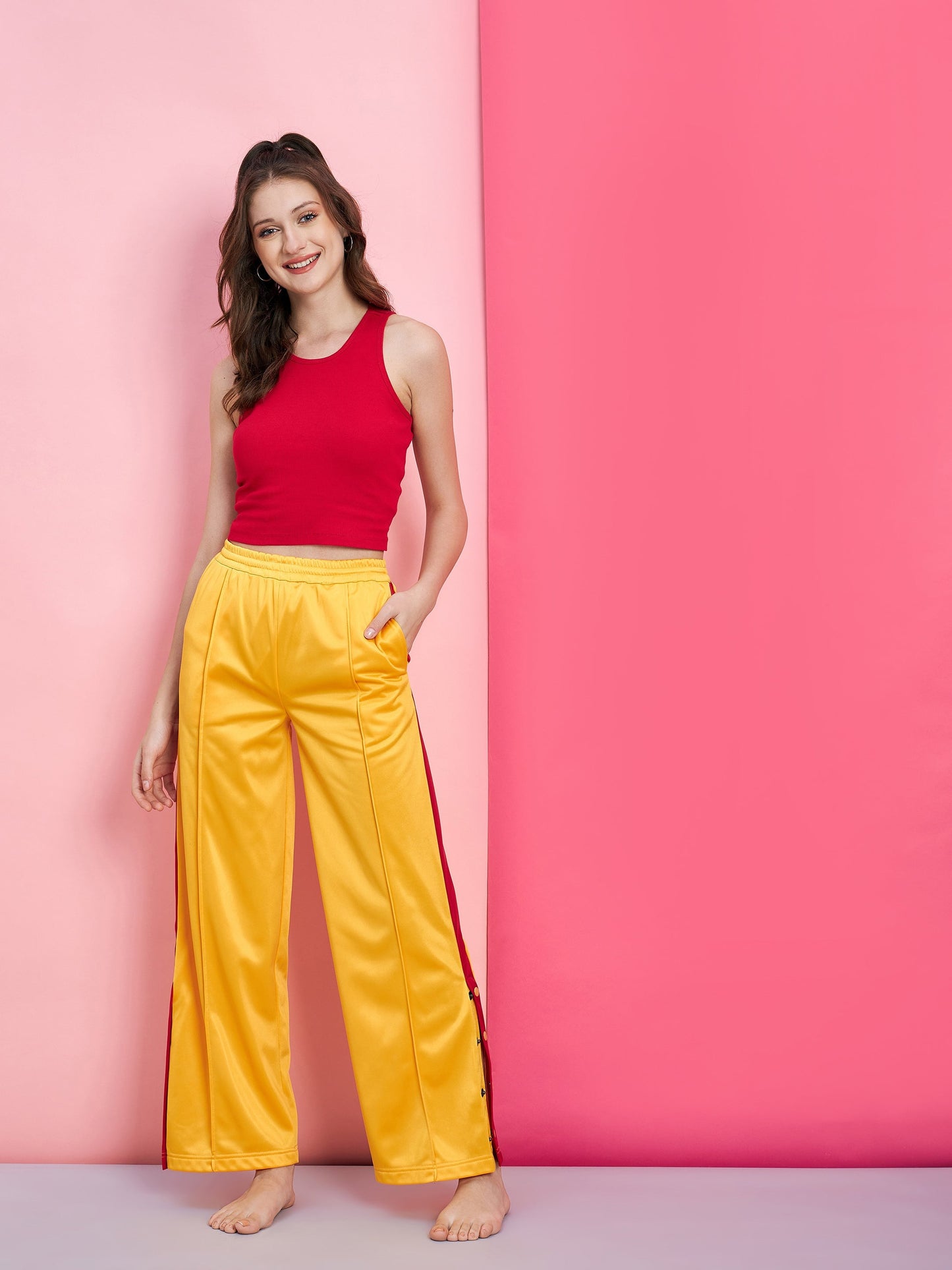 Women's Red Rib Crop Top With Yellow Side Button Track Pants