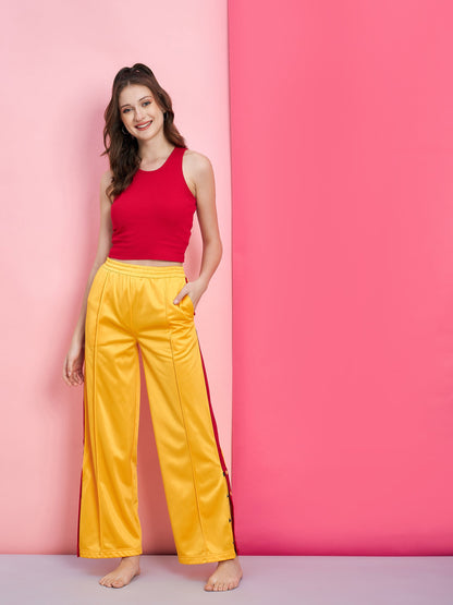 Women's Red Rib Crop Top With Yellow Side Button Track Pants