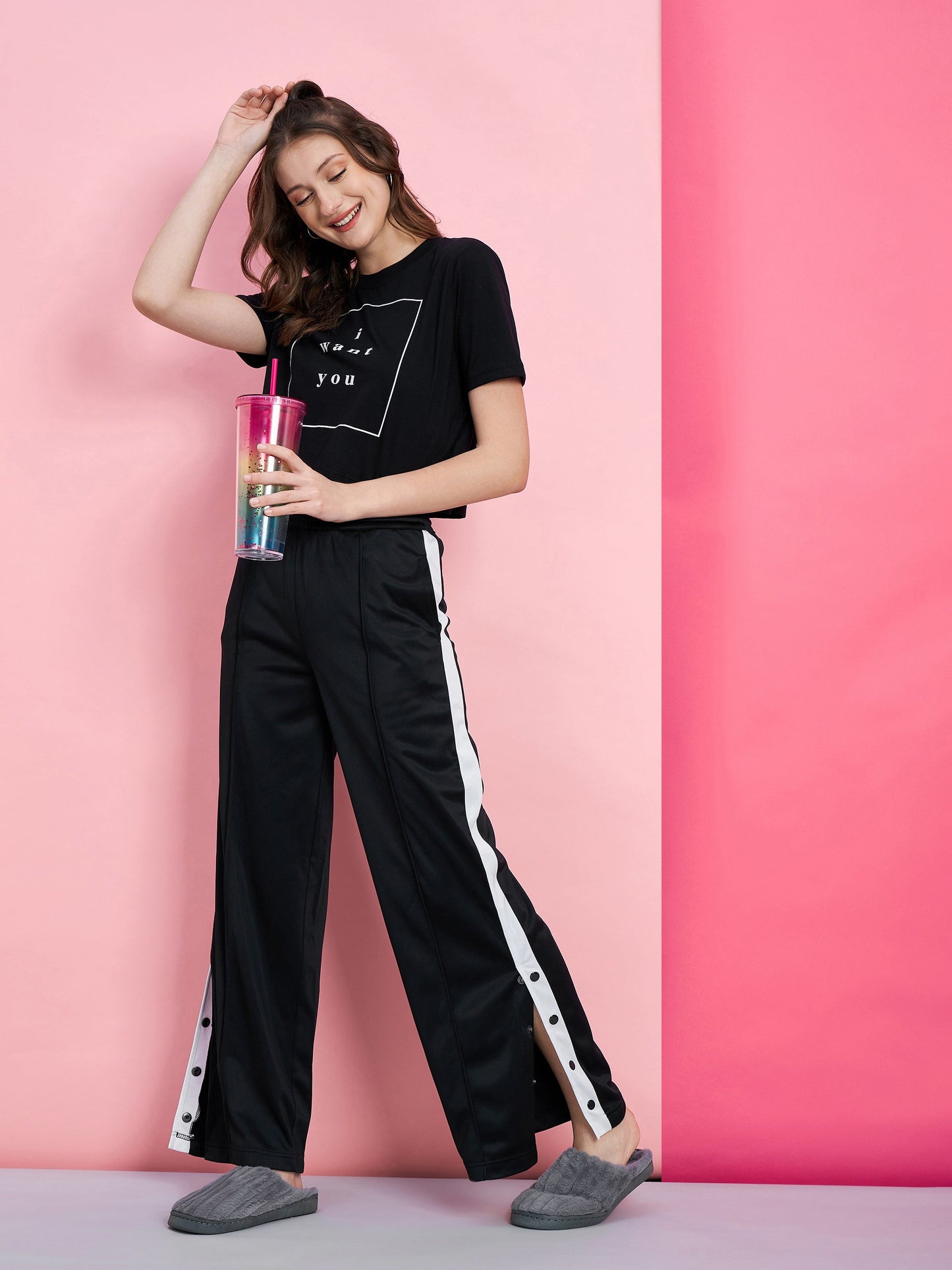 Women's Black I WANT YOU Boxy T-Shirt With Side Button Track Pants
