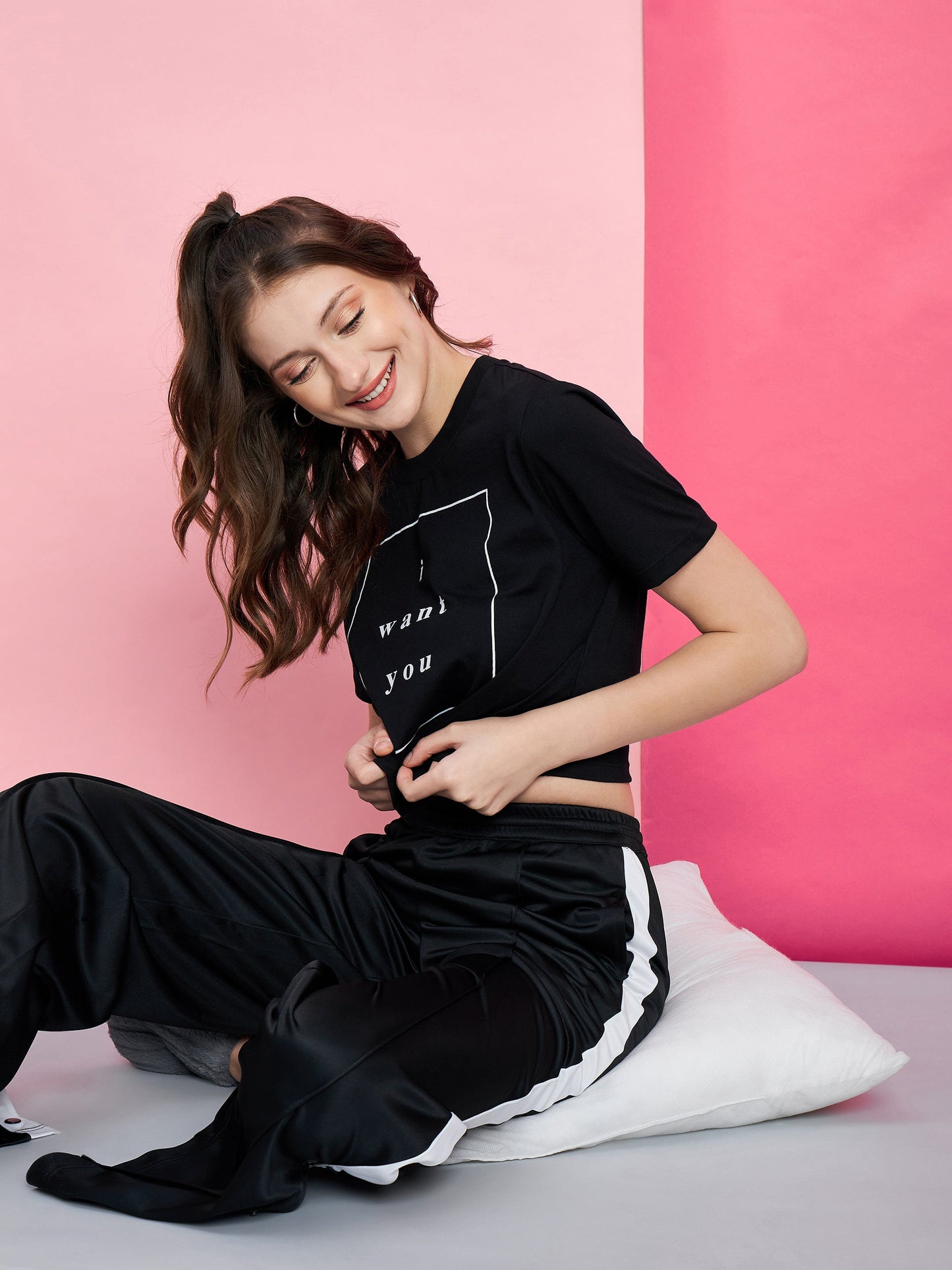 Women's Black I WANT YOU Boxy T-Shirt With Side Button Track Pants