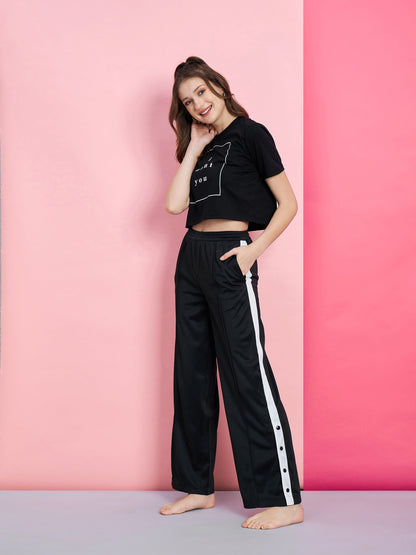 Women's Black I WANT YOU Boxy T-Shirt With Side Button Track Pants