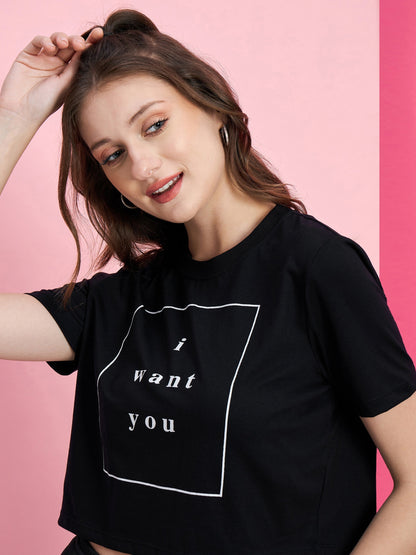 Women's Black I WANT YOU Boxy T-Shirt With Side Button Track Pants