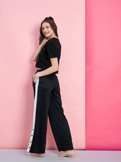Women's Black I WANT YOU Boxy T-Shirt With Side Button Track Pants