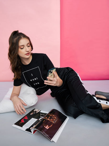 Women's Black I WANT YOU Boxy T-Shirt With Side Button Track Pants