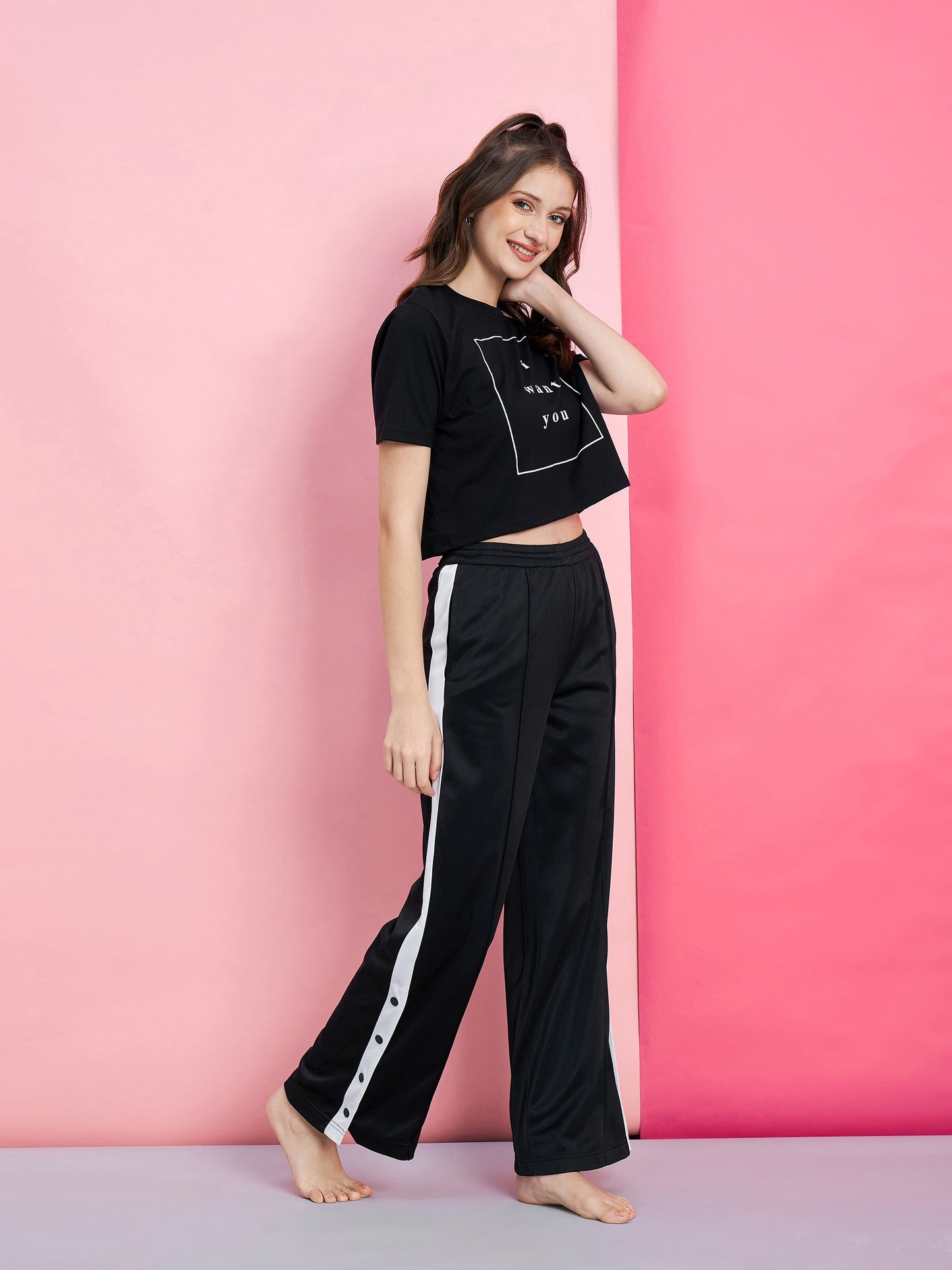 Women's Black I WANT YOU Boxy T-Shirt With Side Button Track Pants