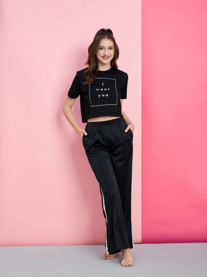 Women's Black I WANT YOU Boxy T-Shirt With Side Button Track Pants