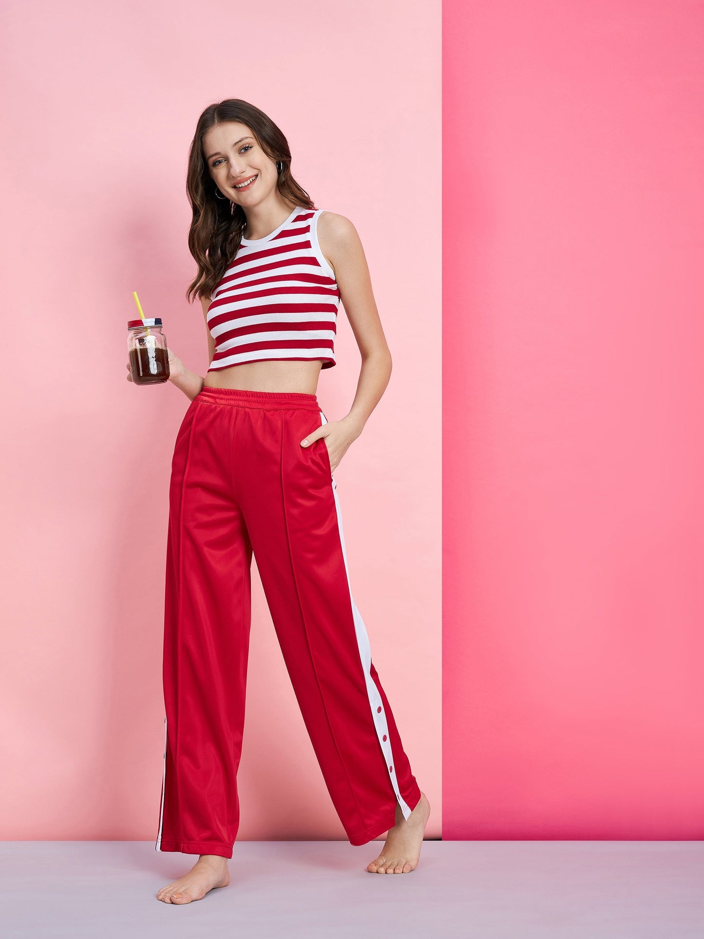 Women's Red & White Stripe Rib Crop Top With Red Side Button Track Pants