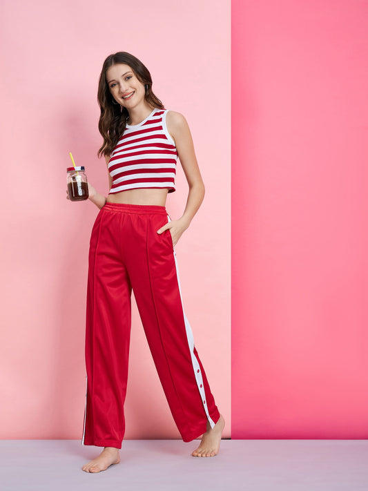 Women's Red & White Stripe Rib Crop Top With Red Side Button Track Pants