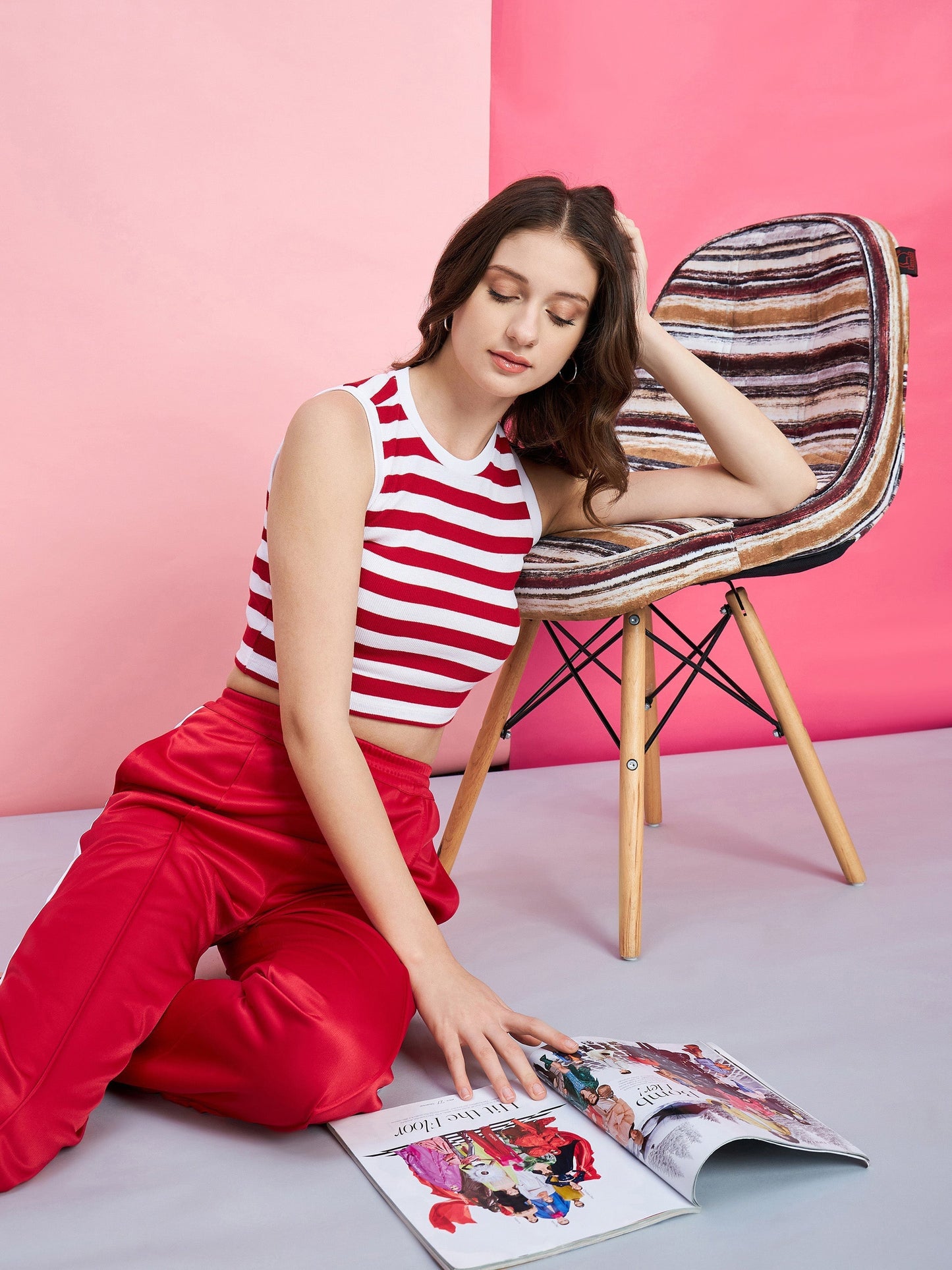 Women's Red & White Stripe Rib Crop Top With Red Side Button Track Pants