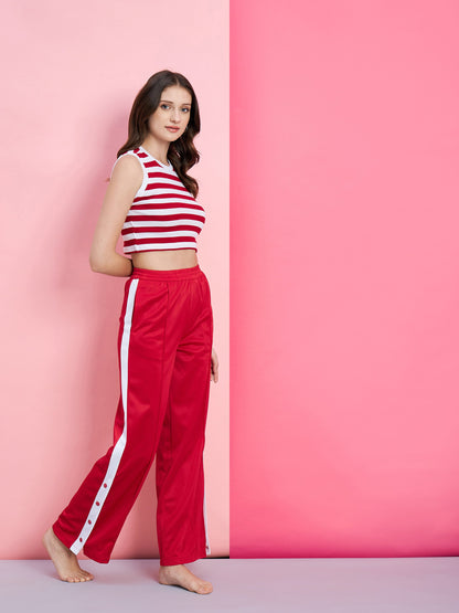Women's Red & White Stripe Rib Crop Top With Red Side Button Track Pants