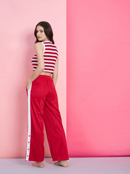 Women's Red & White Stripe Rib Crop Top With Red Side Button Track Pants