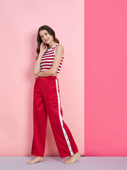 Women's Red & White Stripe Rib Crop Top With Red Side Button Track Pants