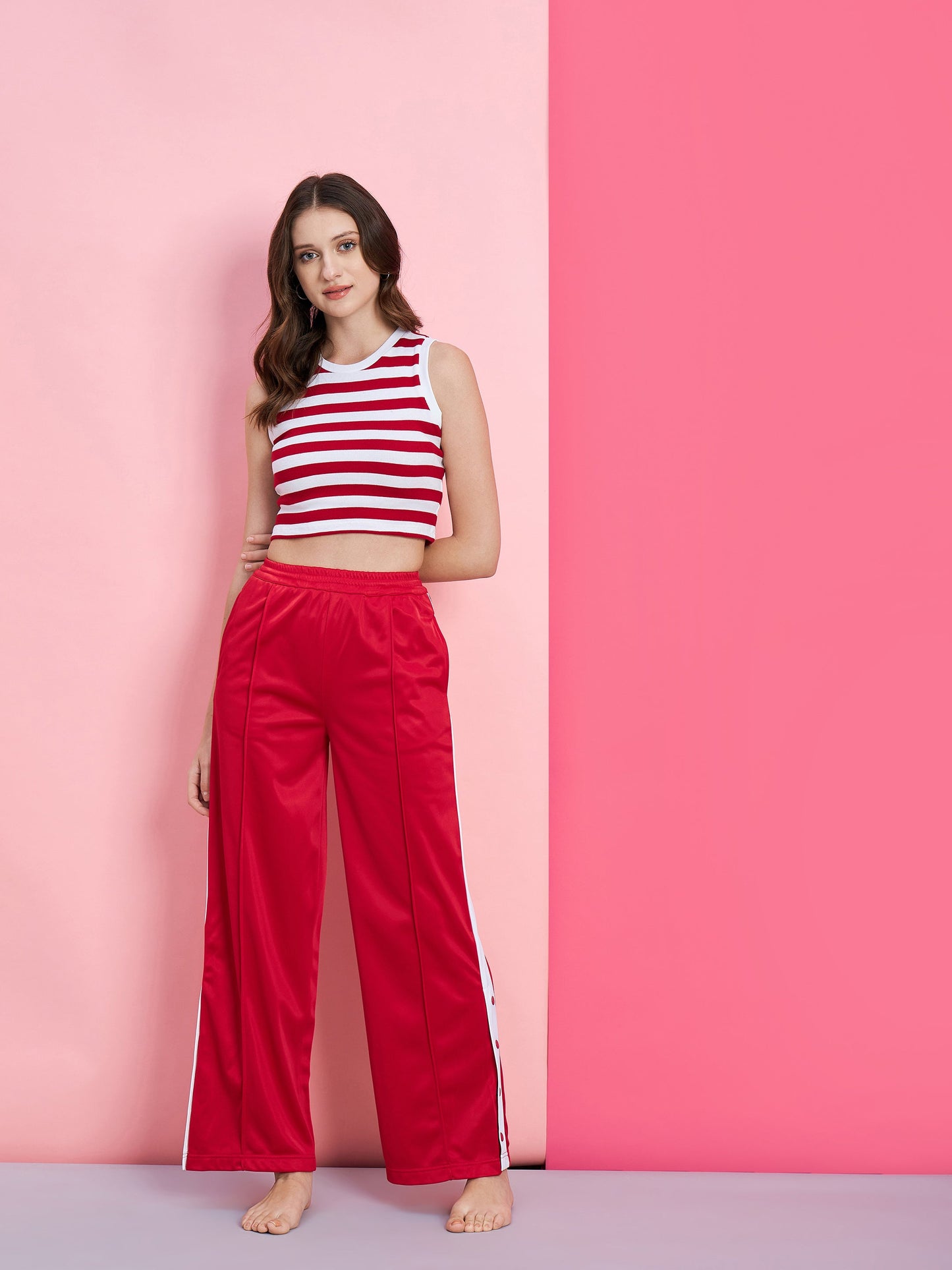 Women's Red & White Stripe Rib Crop Top With Red Side Button Track Pants