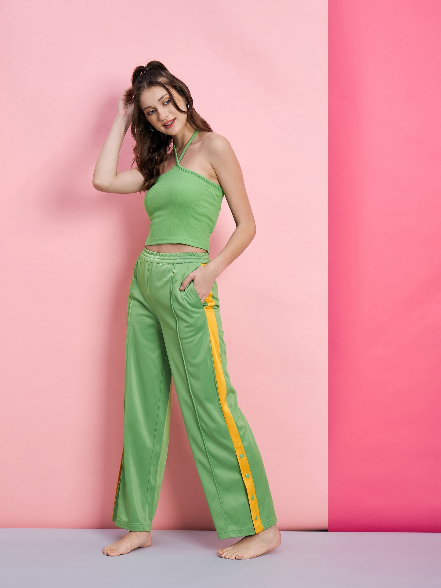 Women's Green Halter Rib Crop Top With Side Button Track Pants