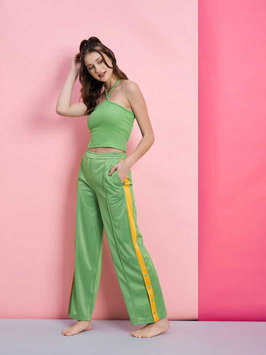 Women's Green Halter Rib Crop Top With Side Button Track Pants