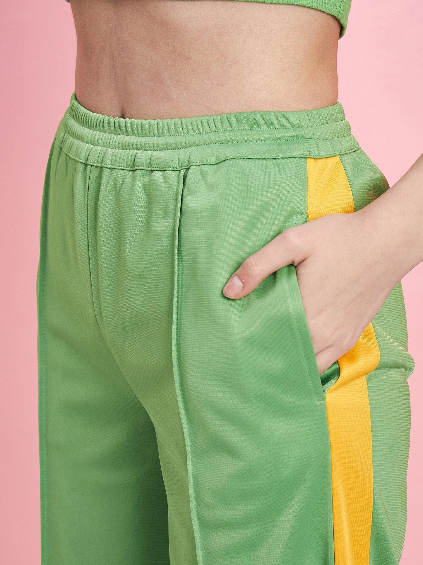 Women's Green Halter Rib Crop Top With Side Button Track Pants