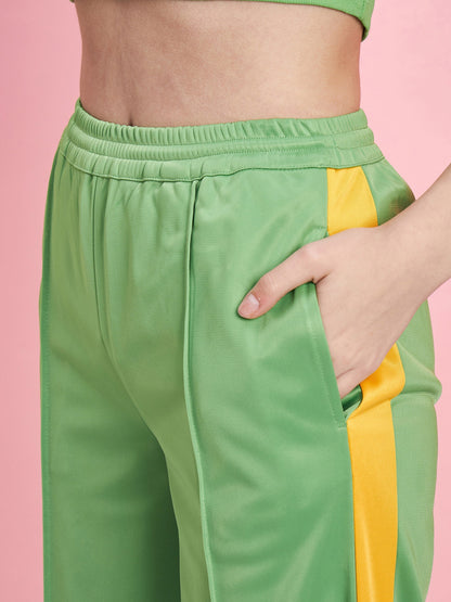 Women's Green Halter Rib Crop Top With Side Button Track Pants