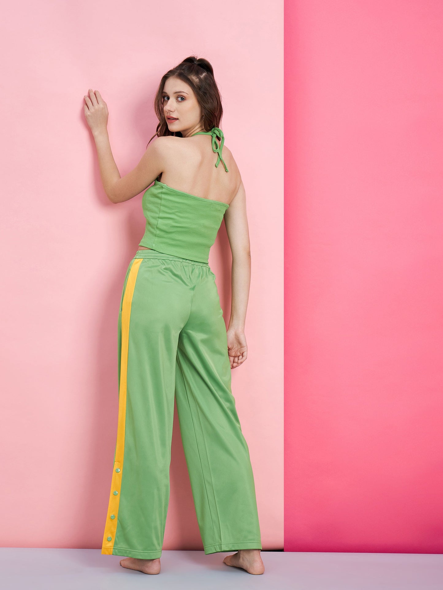 Women's Green Halter Rib Crop Top With Side Button Track Pants