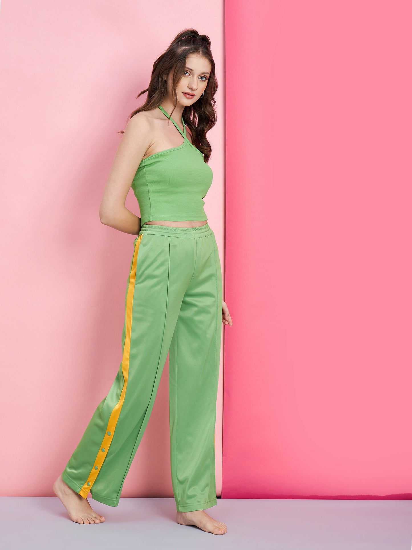 Women's Green Halter Rib Crop Top With Side Button Track Pants