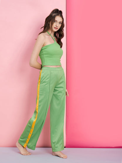Women's Green Halter Rib Crop Top With Side Button Track Pants