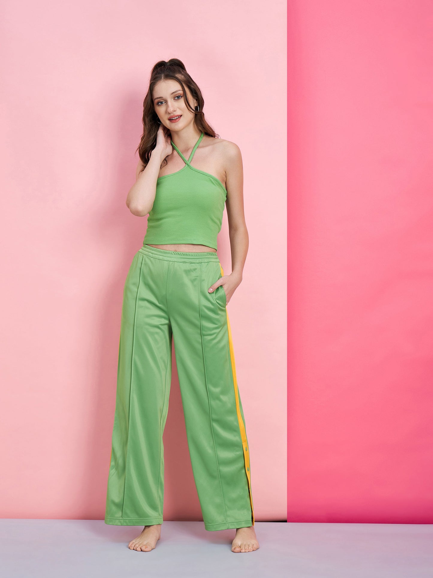 Women's Green Halter Rib Crop Top With Side Button Track Pants