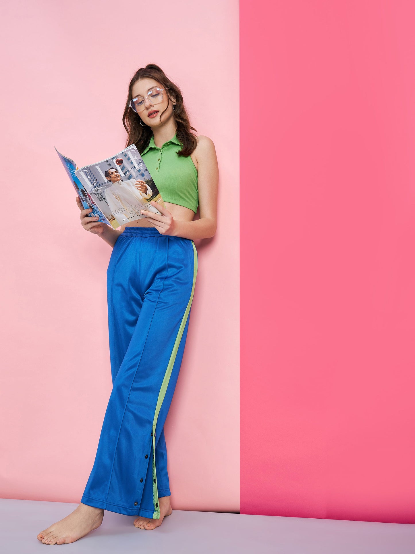 Women's Green Polo Rib Crop T-Shirt With Blue Side Button Track Pants