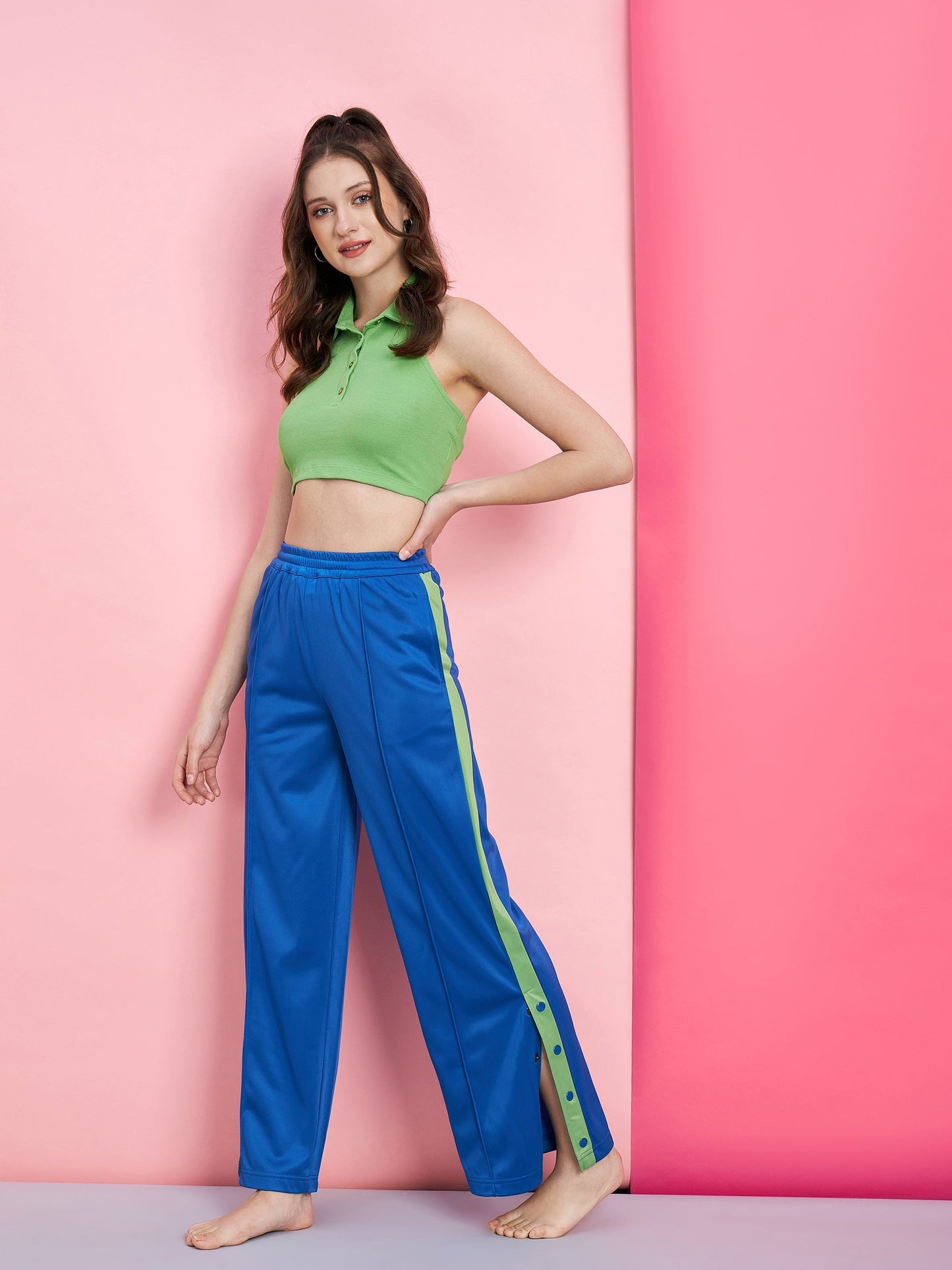 Women's Green Polo Rib Crop T-Shirt With Blue Side Button Track Pants
