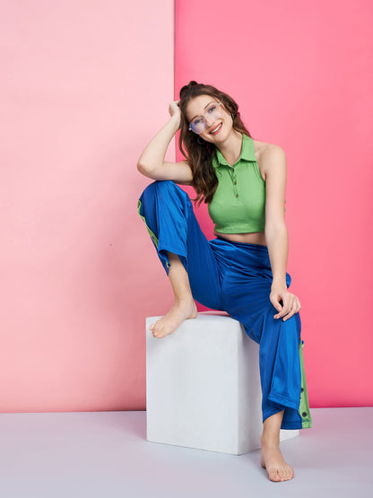 Women's Green Polo Rib Crop T-Shirt With Blue Side Button Track Pants