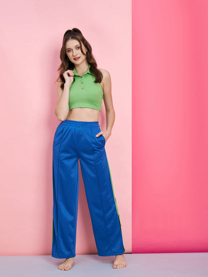 Women's Green Polo Rib Crop T-Shirt With Blue Side Button Track Pants