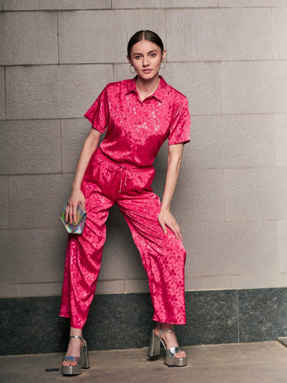 Women's Magenta Jacquard Loose Fit Shirt With Straight Pants