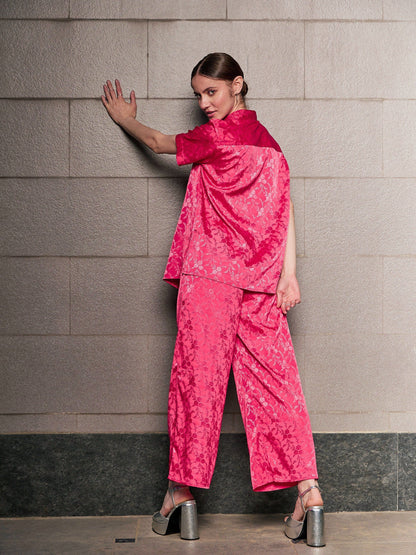 Women's Magenta Jacquard Loose Fit Shirt With Straight Pants