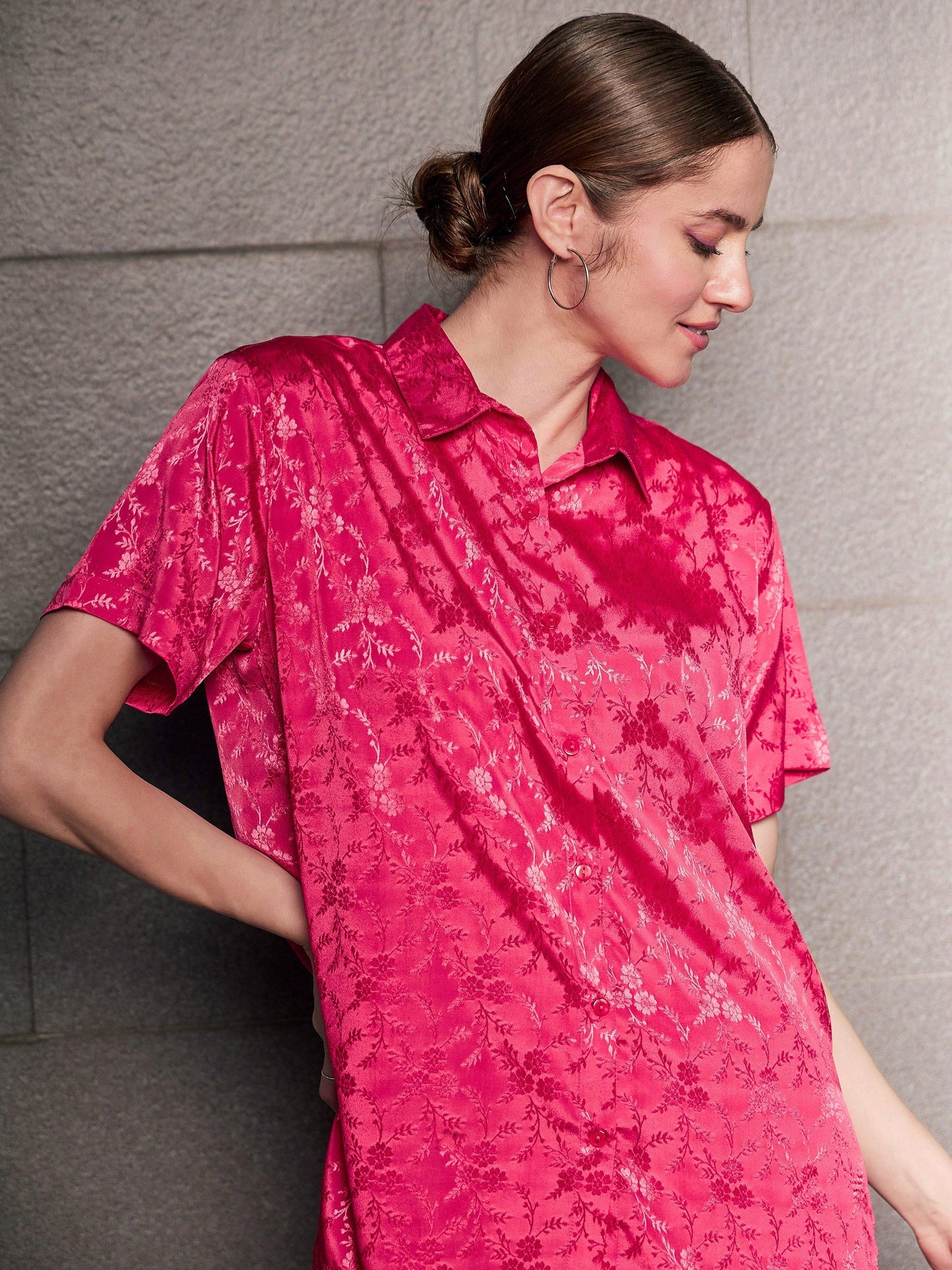Women's Magenta Jacquard Loose Fit Shirt With Straight Pants