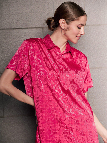 Women's Magenta Jacquard Loose Fit Shirt With Straight Pants