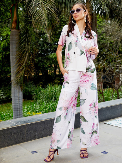 Women's White Floral Shawl Collar Top With Pants