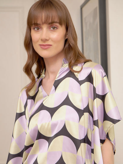 Women's Black Satin Abstract Print Kaftan Top With Lounge Pants