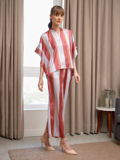 Women's Coral Satin Stripe Kaftan Top With Lounge Pants