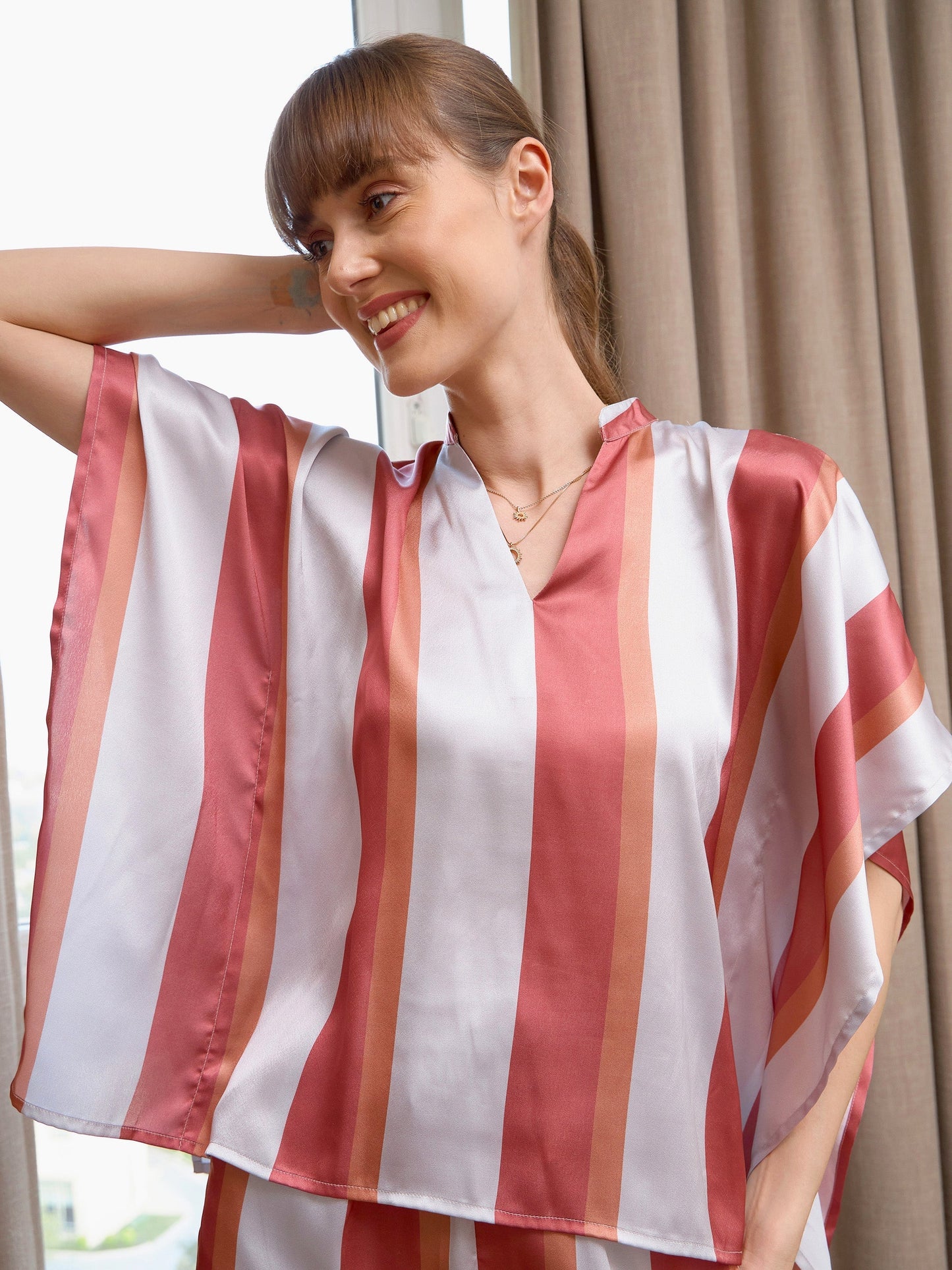 Women's Coral Satin Stripe Kaftan Top With Lounge Pants