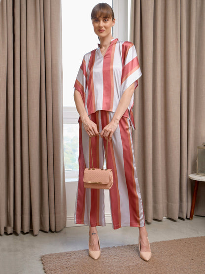 Women's Coral Satin Stripe Kaftan Top With Lounge Pants