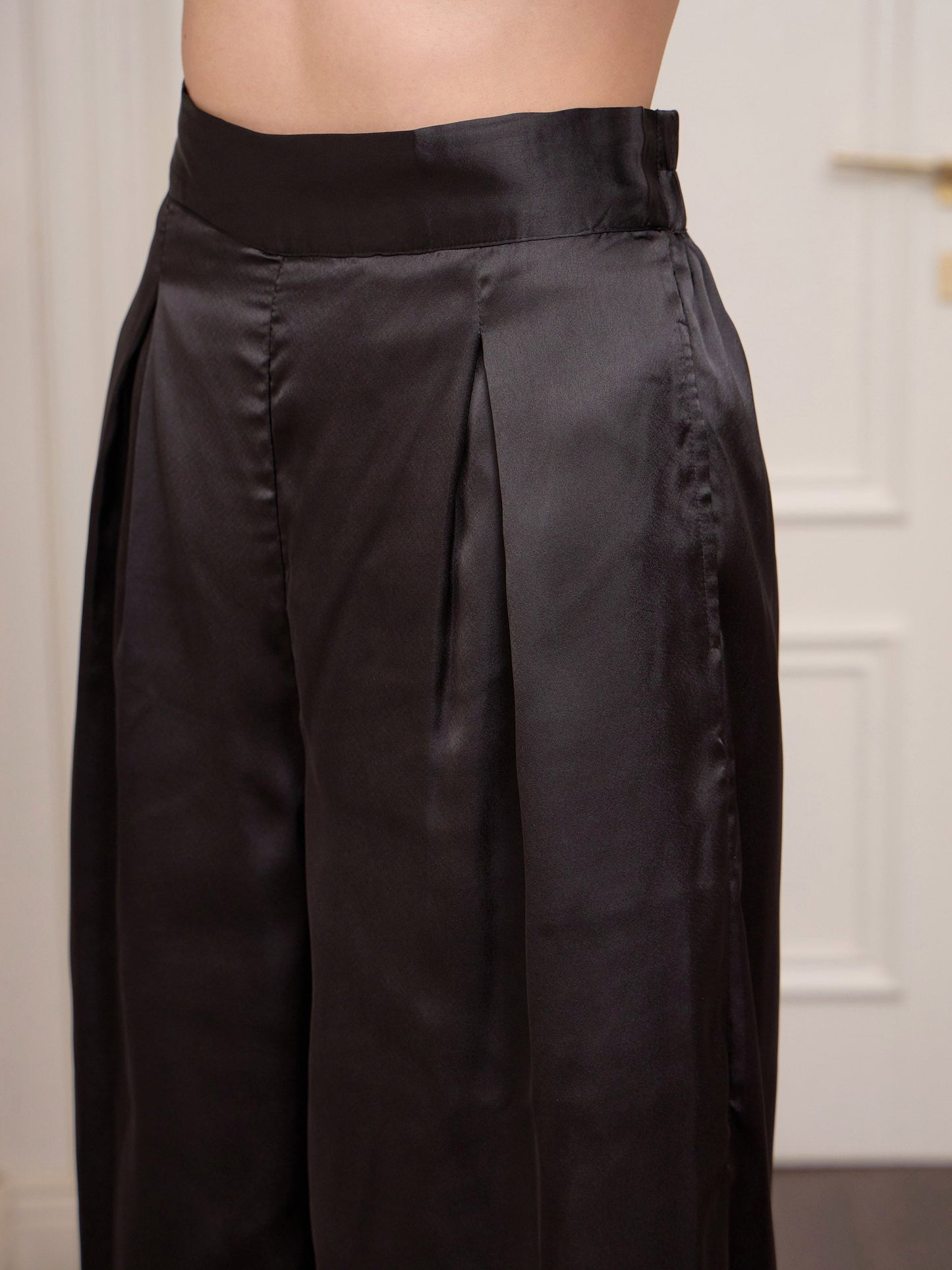 Women's Black Satin Longline Shirt With Lounge Pants