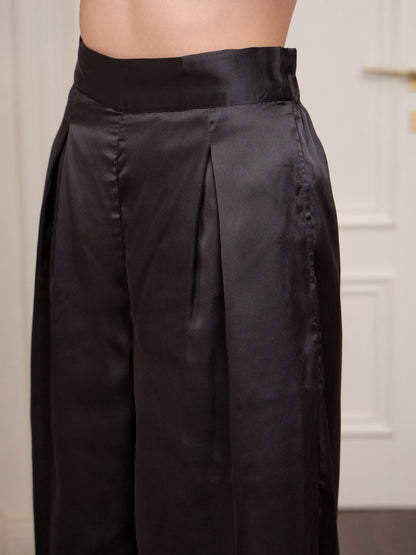Women's Black Satin Longline Shirt With Lounge Pants