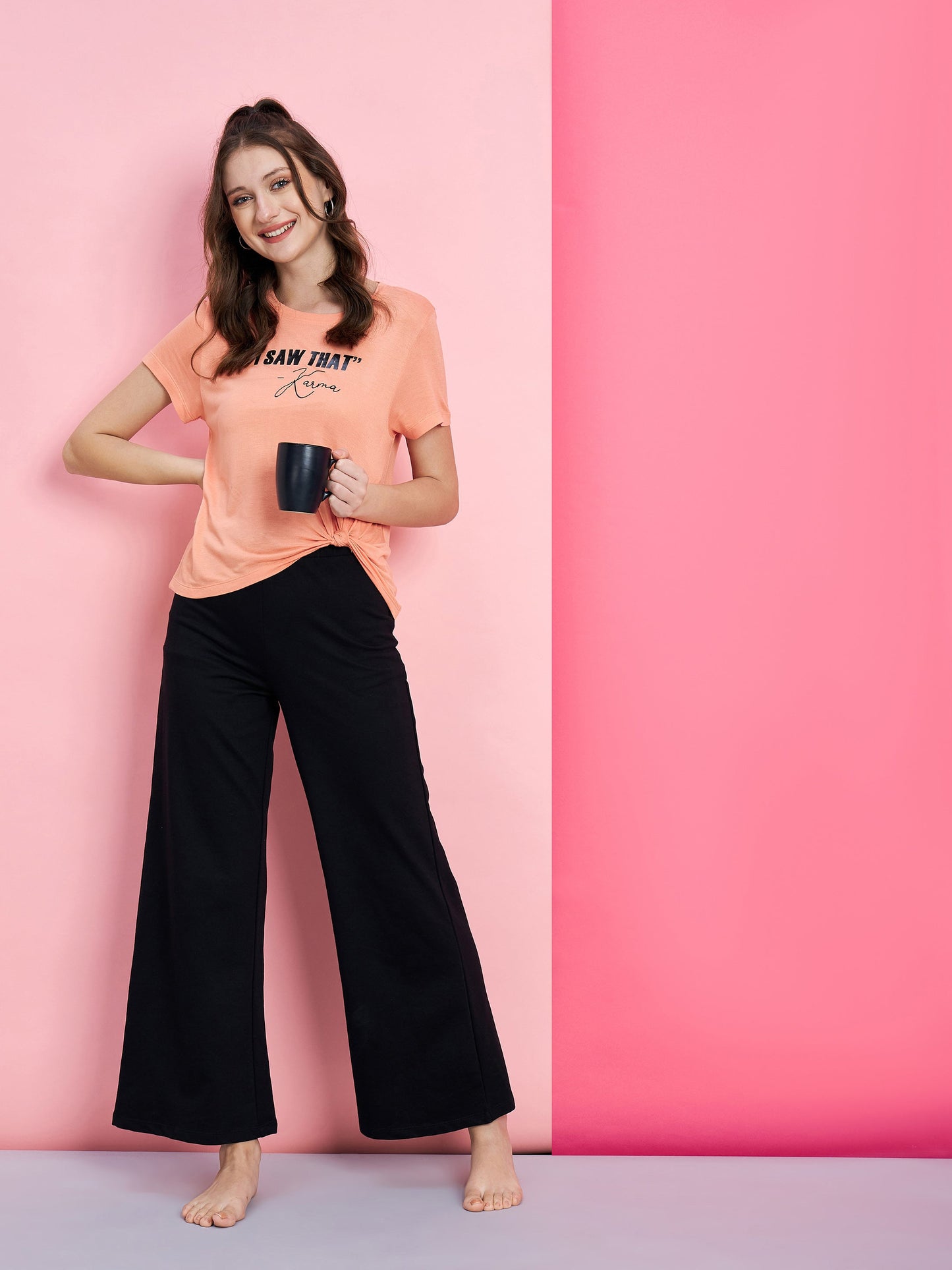Women's Peach I SAW KARMA T-shirt With Black Track Pants