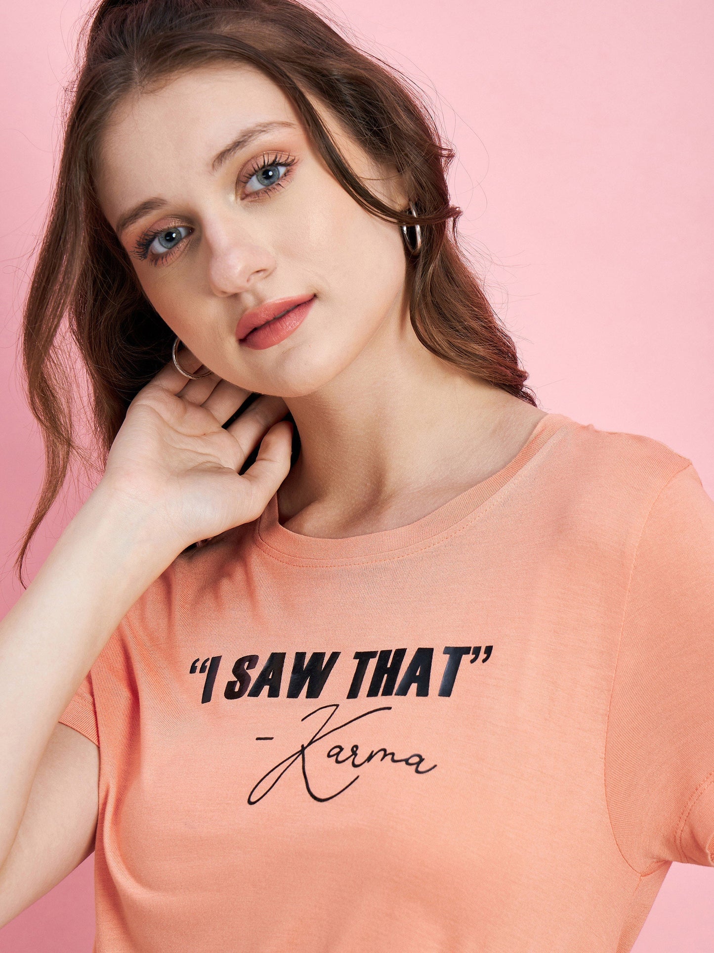 Women's Peach I SAW KARMA T-shirt With Black Track Pants